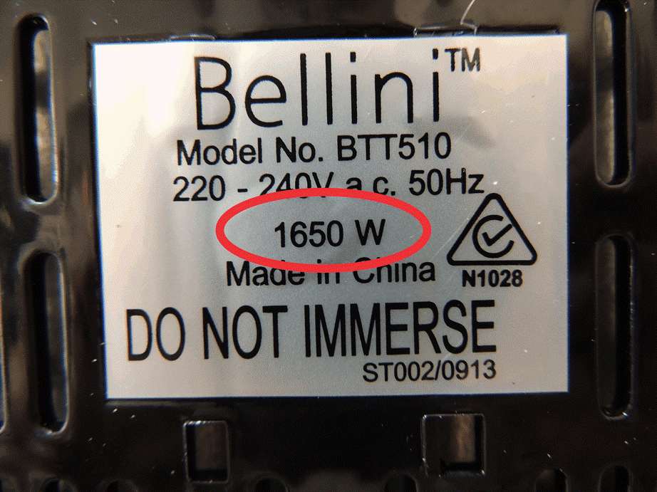 Toaster label showing watts