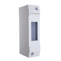Angled view of white plastic 1-module DIN rail surface mount enclosure with front window