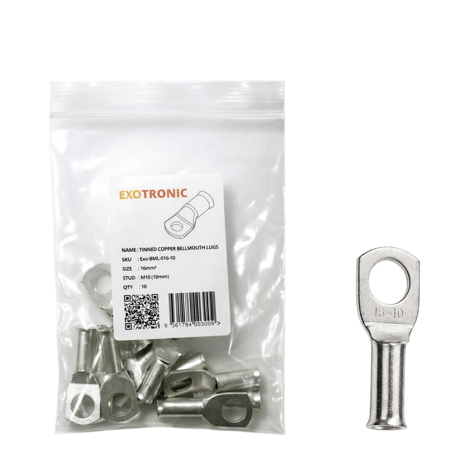 10 pack of 16mm squared tinned copper lugs with M10 stud hole in retail packaging
