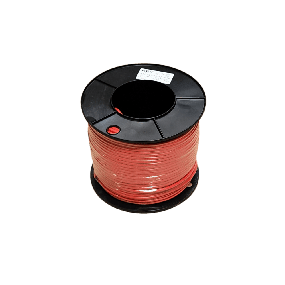 100m roll of red 8B&S single core automotive cable on a black plastic spool
