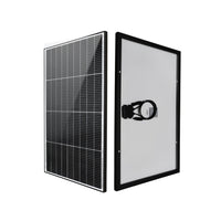 Front and rear angled views of black framed 100W solar panel