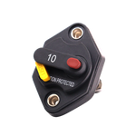 Front view of 10A mini panel mount circuit breaker with manual reset lever and red trip button