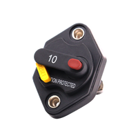 Front view of 10A mini panel mount circuit breaker with manual reset lever and red trip button
