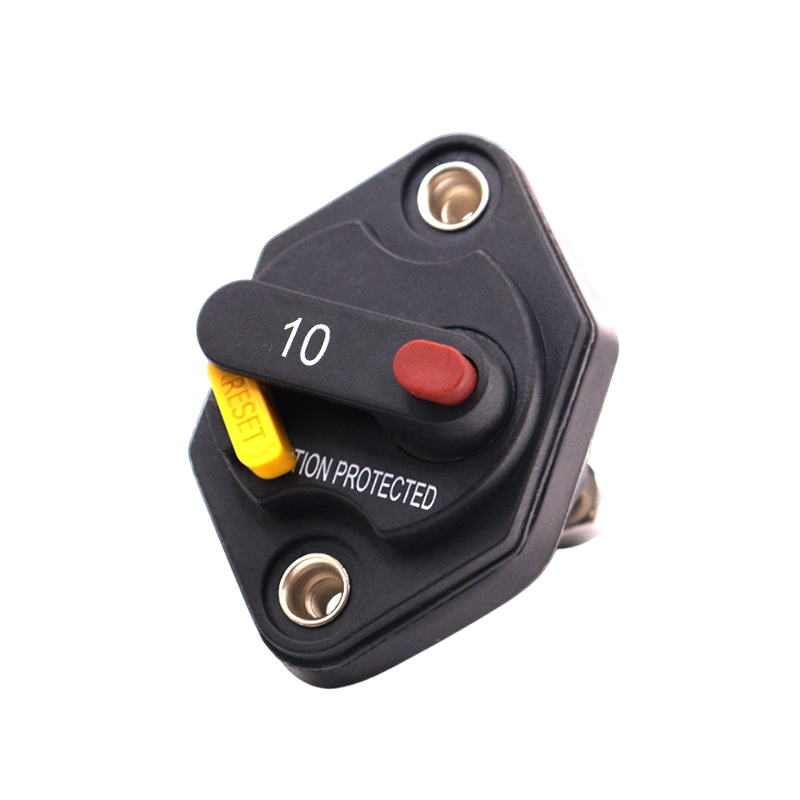 Front view of 10A mini panel mount circuit breaker with manual reset lever and red trip button