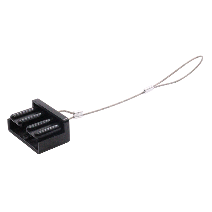 Black plastic dust cover with steel lanyard for 120A Anderson plugs