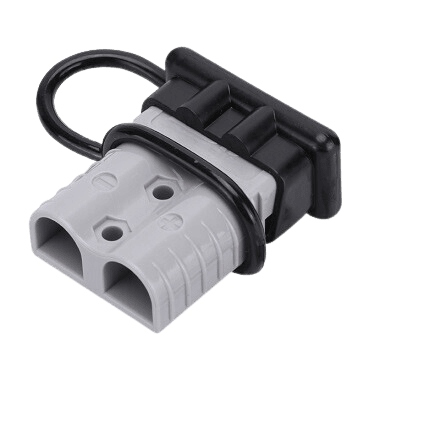 Black rubber dust cover fitted onto the end of a grey 120A Anderson connector housing