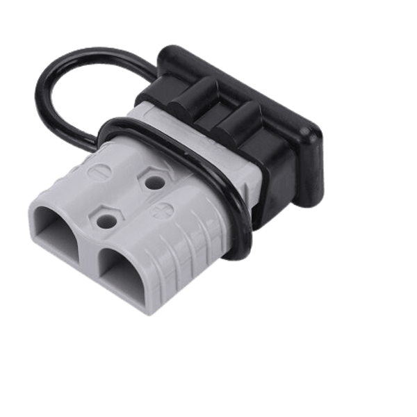 Black rubber dust cover fitted onto the end of a grey 120A Anderson connector housing