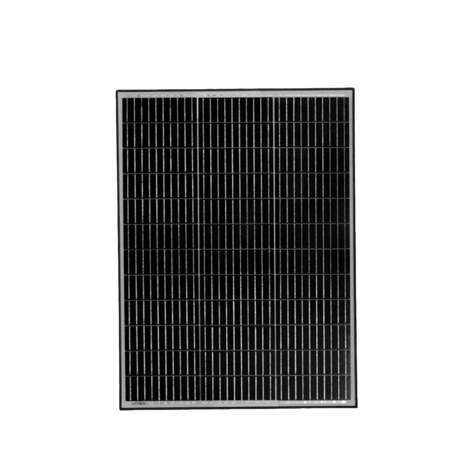 Front view of rectangular 120W fixed solar panel with black monocrystalline cells and black frame