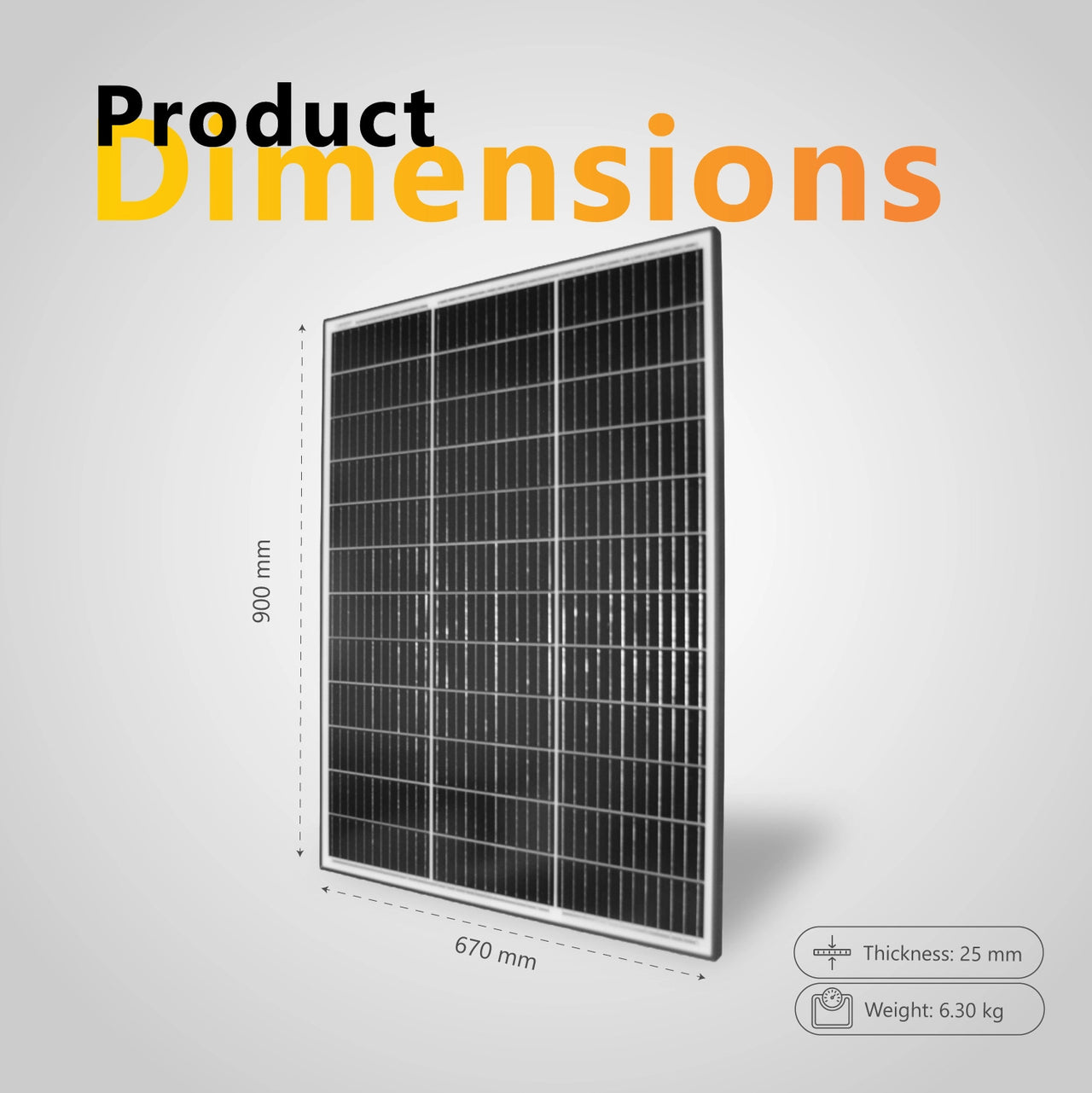 Dimensional diagram of 120W solar panel showing 900mm height, 670mm width and 25mm depth with weight 6.3kg