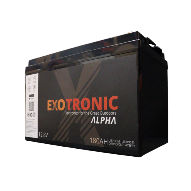 Angled front view of 12V 180Ah lithium deep cycle battery with black ABS case