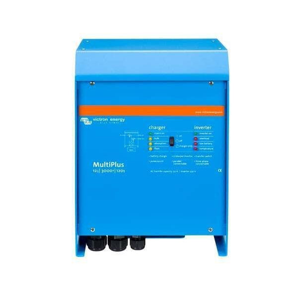 Front panel of Victron MultiPlus 12V 3000VA 120V inverter charger with status LEDs and main switch
