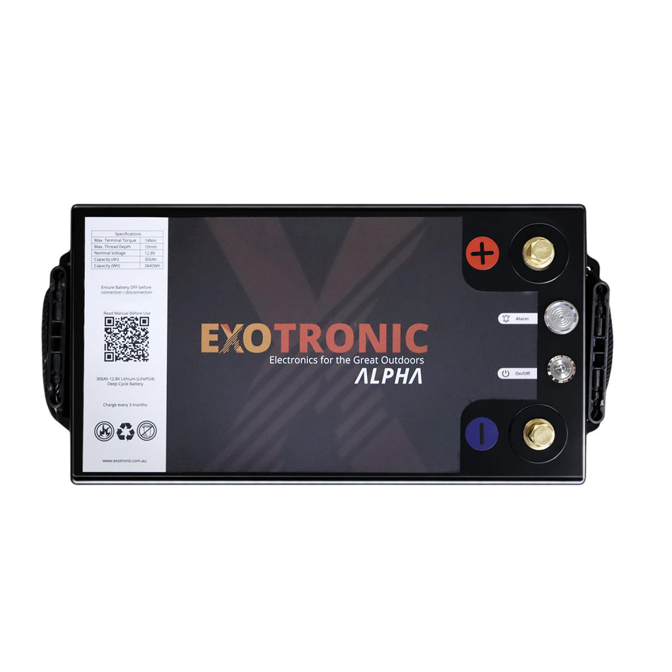 Top-down view of Exotronic battery showing terminals, status indicators, and technical specifications