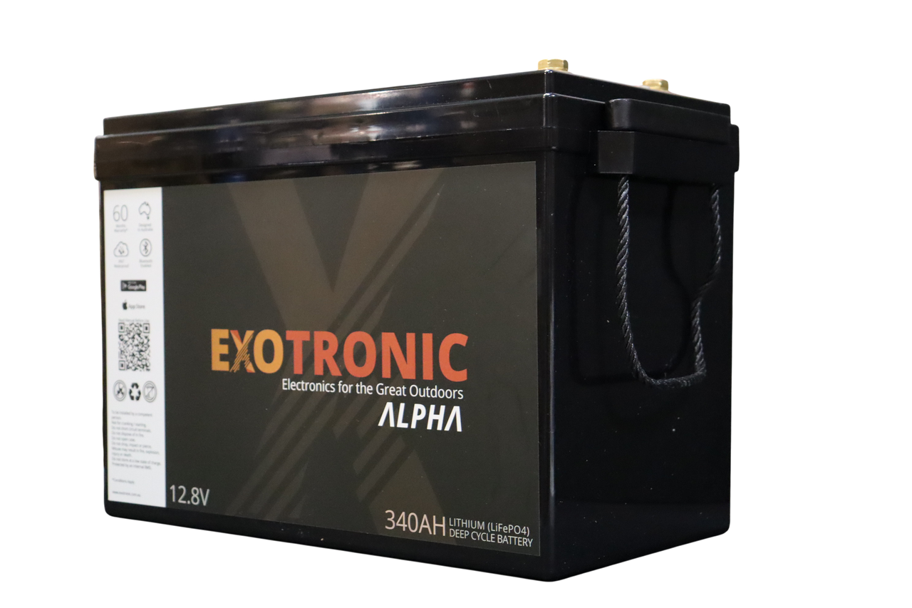 Side angle view of 12V 340Ah lithium deep cycle battery with rope handles and branding