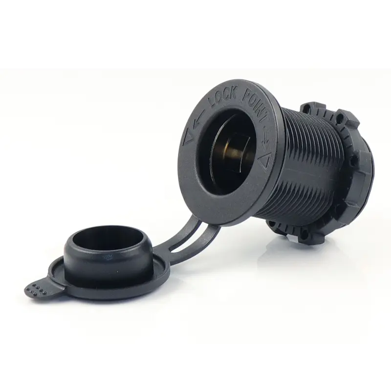 Angled view of black 12V cigarette lighter power socket with open rubber cover and threaded body