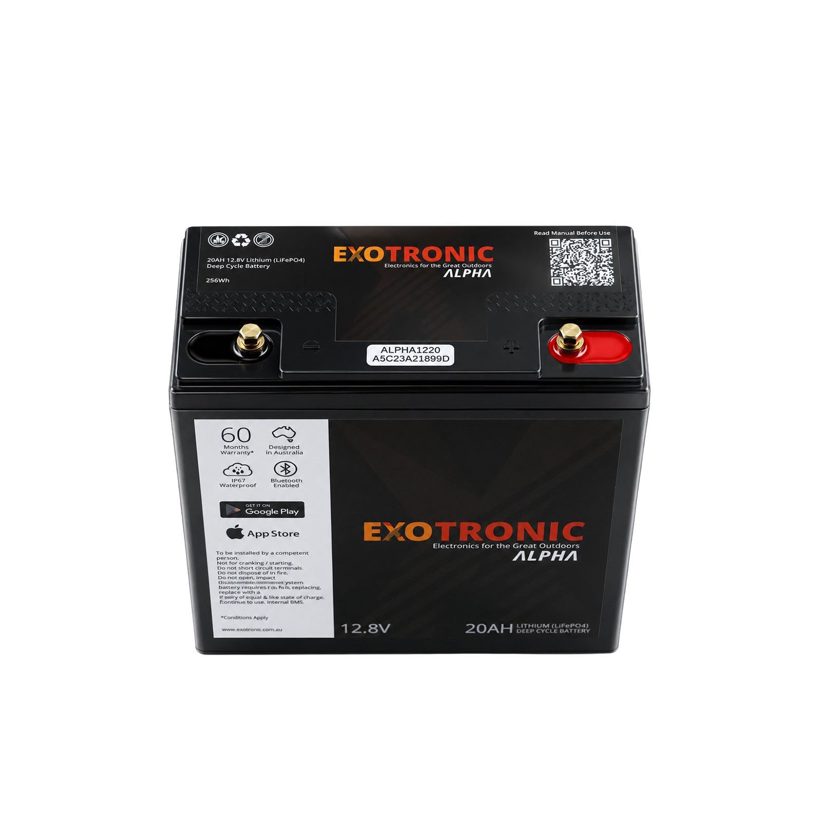 Top angled view of the battery lid showing M6 brass bolt terminals and product identification markings