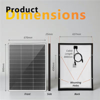 Dimensional diagram of 130W solar panel showing 900mm height by 670mm width
