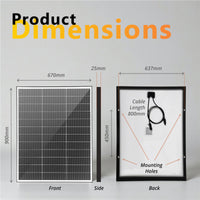 Dimensional diagram of 130W solar panel showing 900mm height by 670mm width