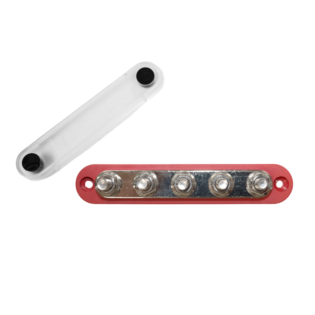 Red 5 stud busbar with removed clear protective cover and stainless steel nuts