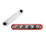 Red 5 stud busbar with removed clear protective cover and stainless steel nuts