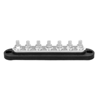 Angled side view of black busbar featuring 7 metal studs on a black base