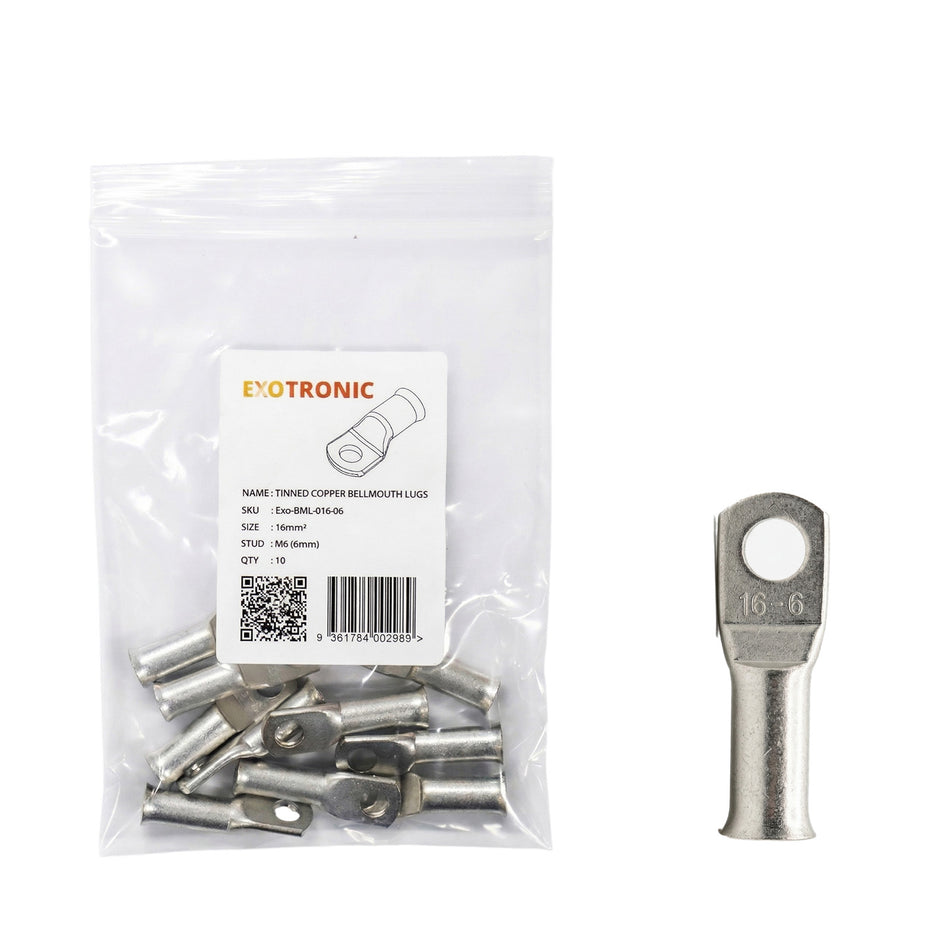 10 pack of 16mm² tinned copper bellmouth lugs with M6 stud hole and one loose lug
