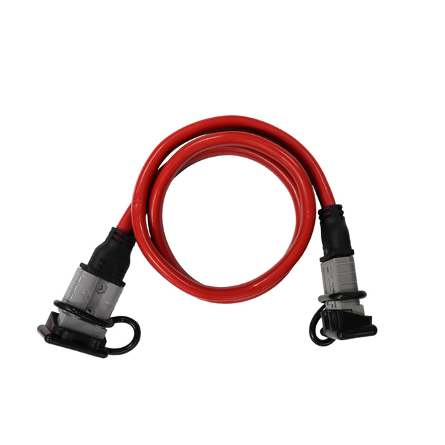Coiled 1m 8AWG red extension lead with grey 50A Anderson style plugs and black dust covers