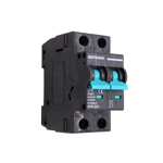 Angled side view of Exotronic 10A 2-Pole DC Circuit Breaker showing teal switches and C10 ratings