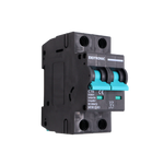 Angled side view of Exotronic 16A 2-Pole DC Circuit Breaker showing teal switches and C16 ratings