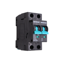 Angled side view of Exotronic 25A 2-Pole DC Circuit Breaker showing teal switches and 25A ratings