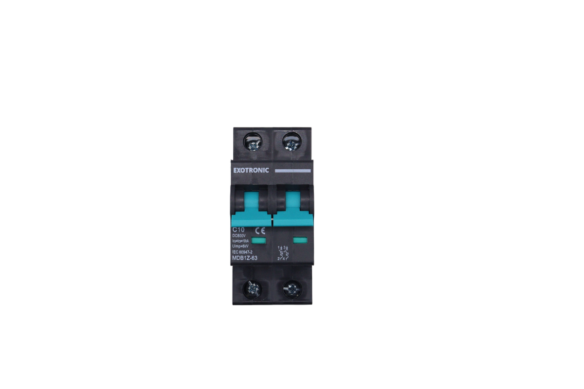 Front view of 40A DC circuit breaker in OFF position with green safety indicators visible