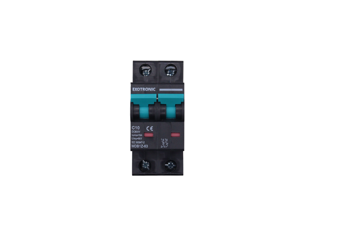 Front view of 16A DC circuit breaker in ON position with red status indicators visible