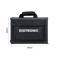 Folded 200W solar blanket carry case showing dimensions of 430mm width and 300mm height