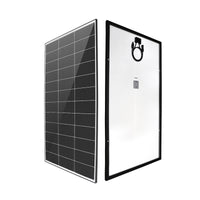 Front and rear perspective of 200W rigid solar panel displaying connector cables