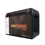 Exotronic 24V 175Ah lithium battery angled view showing black case and orange branding
