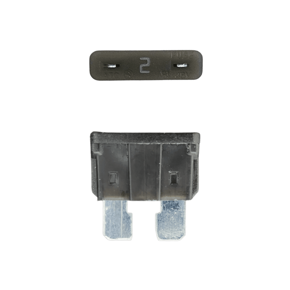 Grey 2A ATO/ATC automotive blade fuse with silver-plated terminals showing top and side profiles