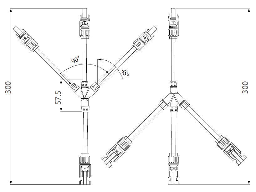 Dimensional drawing of 3-to-1 solar branch connector showing 300mm total length and cable angles