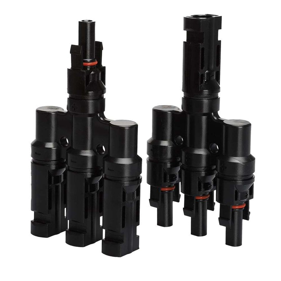Pair of Exotronic 3-to-1 solar branch connectors standing upright showing male and female interfaces