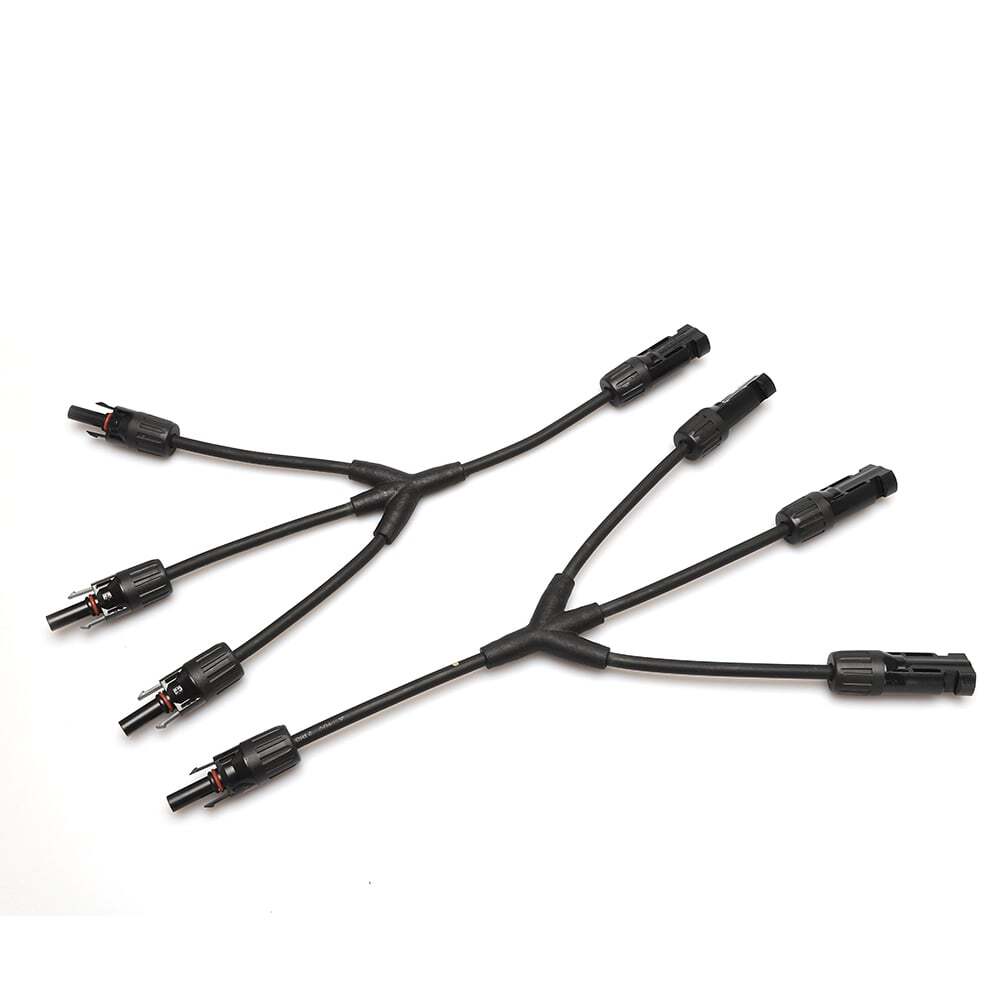 Flat view of a pair of 3-to-1 Y-branch solar connectors with triple inputs merging to single outputs