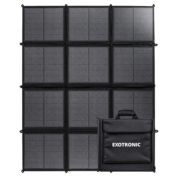 300W folding solar blanket unfolded showing 12 panels and integrated carry bag