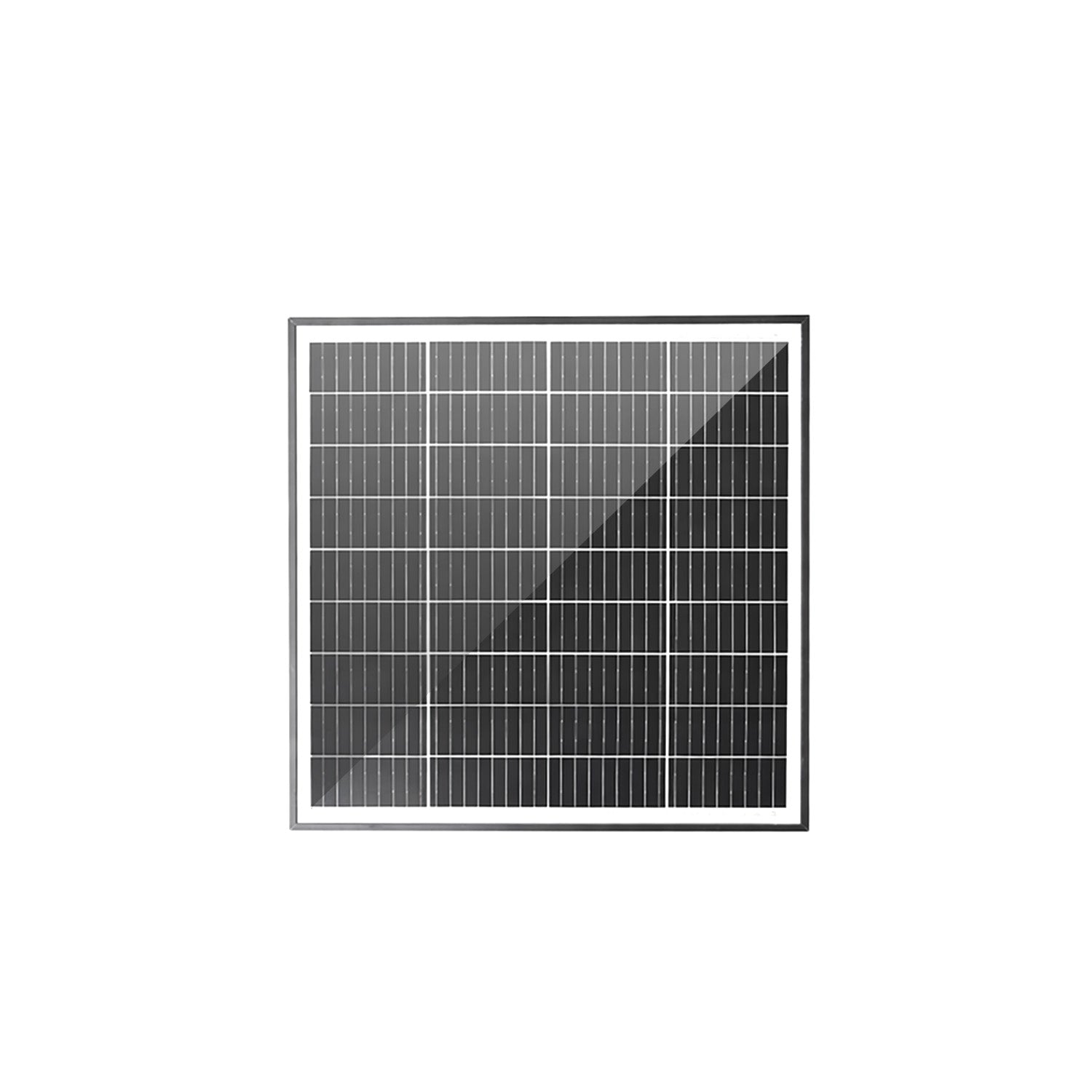 Front view of square 30W monocrystalline solar panel with black frame