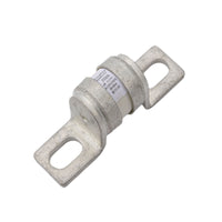 Angled view of 350A MEGA-style ceramic fuse showing metal terminals and printed rating specifications