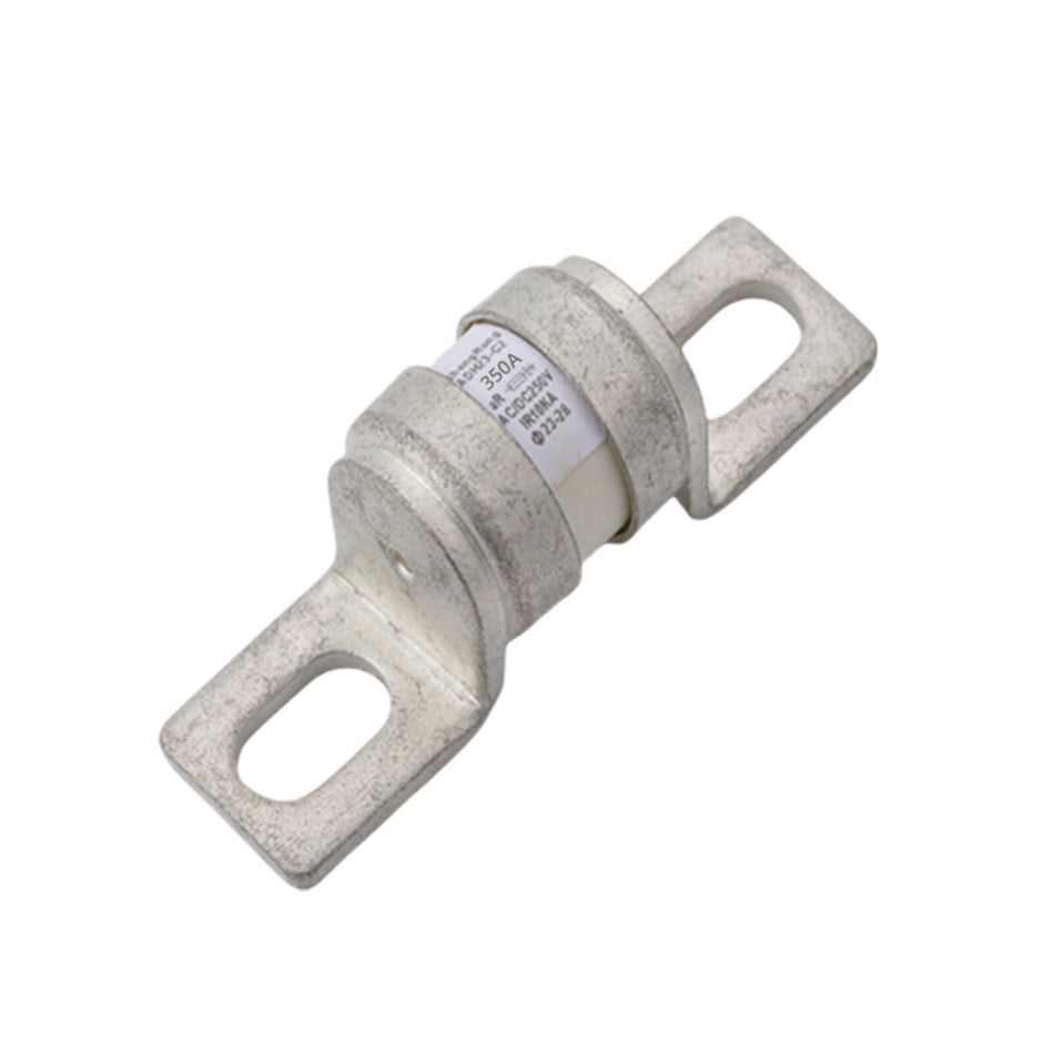 Angled view of 350A MEGA-style ceramic fuse showing metal terminals and printed rating specifications