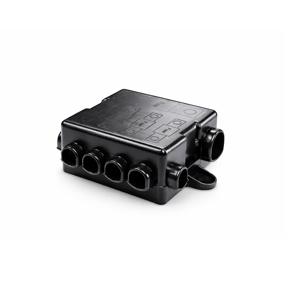 Black fuse holder with protective cover installed showing cable entry points