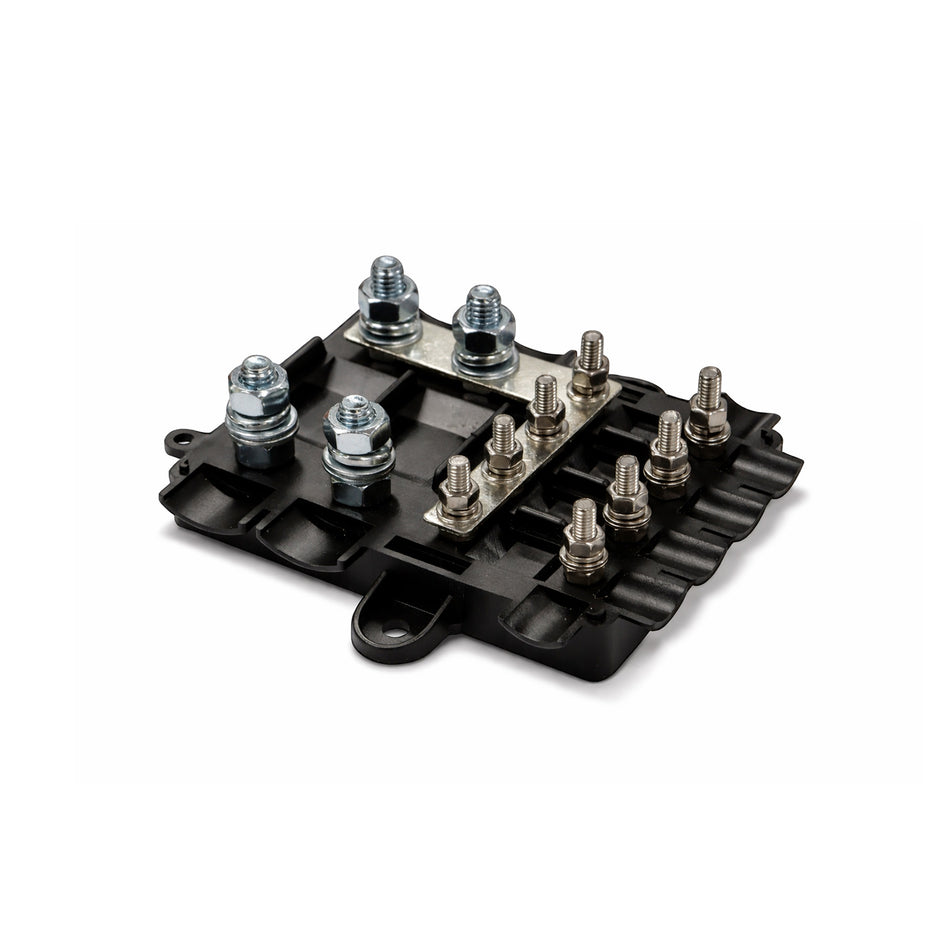 Angled view of open fuse holder showing tinned copper busbar and zinc-plated steel studs for MIDI and MEGA fuses