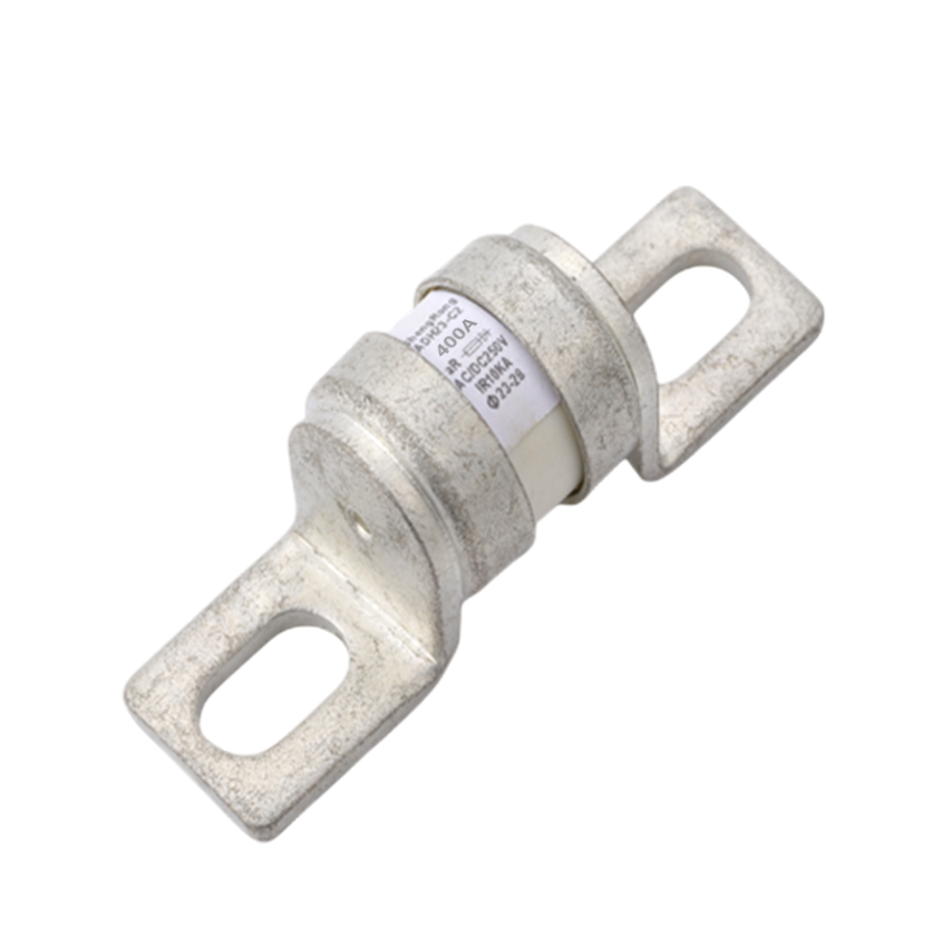 Angled view of 400A MEGA-style ceramic fuse showing metal terminals and printed rating specifications