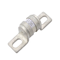 Angled view of 400A MEGA-style ceramic fuse showing metal terminals and printed rating specifications