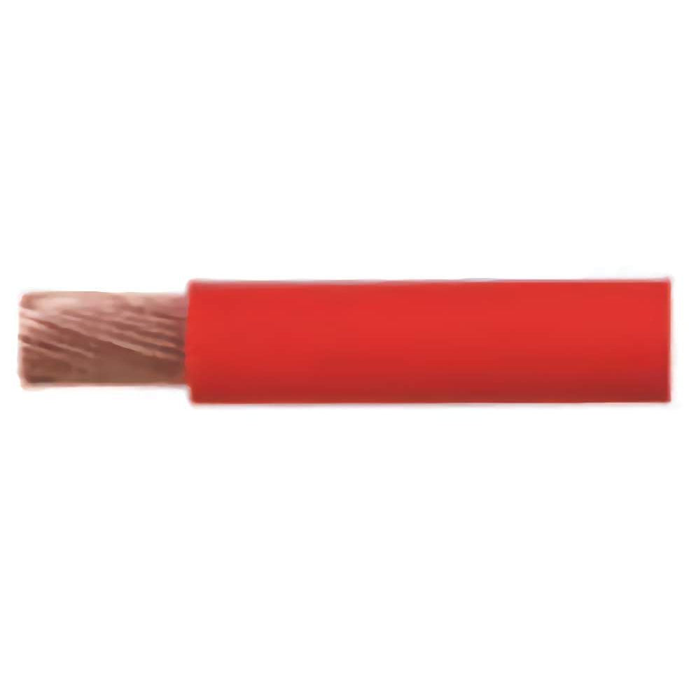 Horizontal view of red 4B&S automotive cable with stripped end showing stranded copper core