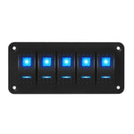 Front view of 5-gang marine rocker switch panel with blue LED indicators on black aluminum plate