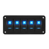 Front view of 5-gang marine rocker switch panel with blue LED indicators on black aluminum plate