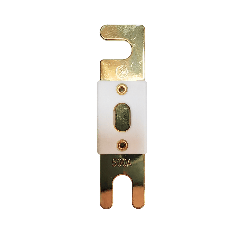 Top-down view of 500A ANL fuse showing gold terminals and ceramic body